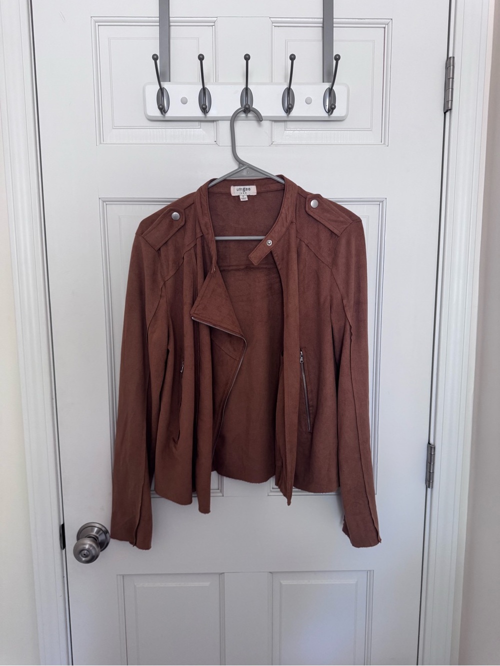 Umgee USA Jacket Womens Moto Biker Zipper Faux Suede Raw Hem Brown